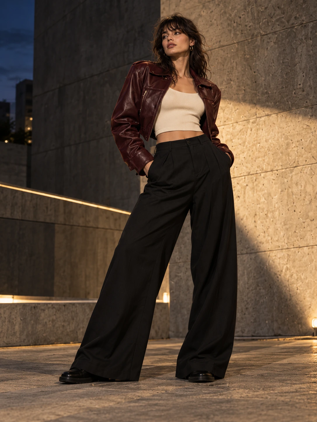 Look Studio: campera borgoña, top crema y pantalón negro amplio